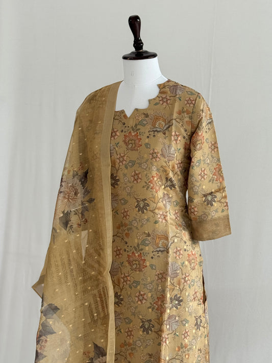 Pale Brown Floral Tissue Chanderi 3 Piece Set