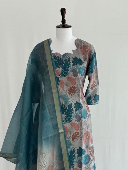 Cadet Blue Floral Soft Tissue Chanderi 3 Piece Set