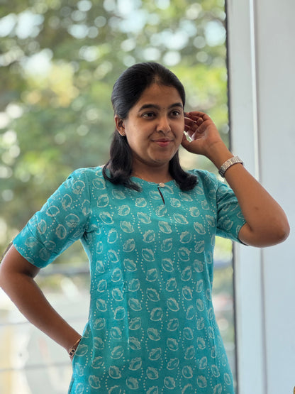 Teal Blue Handblock Cotton Kurti