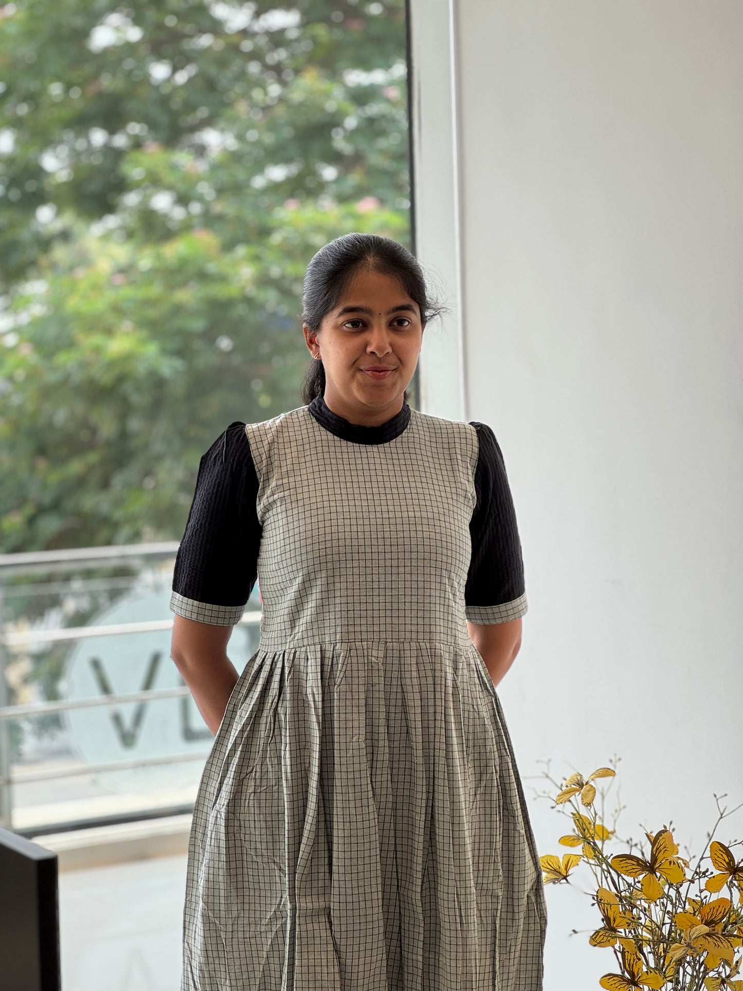 Checked Cotton Gray Two-Tier Maxi
