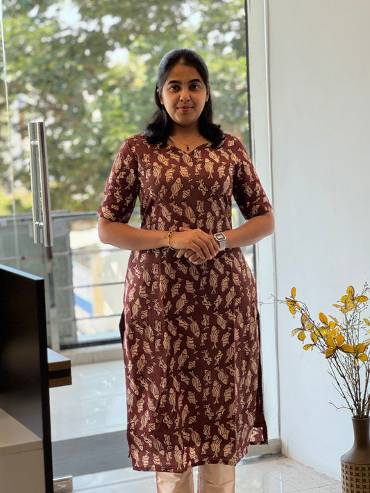 Terracotta Brown Handblock Cotton Kurti