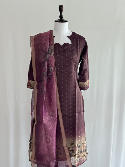 Old Burgundy with Pearl Border Tissue chanderi 3 Piece Set