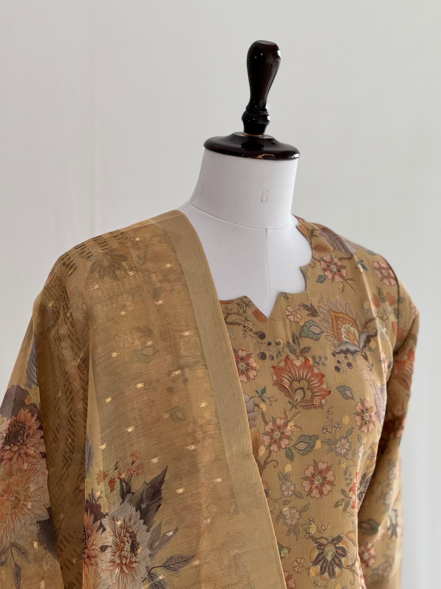 Pale Brown Floral Tissue Chanderi 3 Piece Set