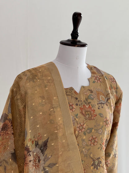 Pale Brown Floral Tissue Chanderi 3 Piece Set