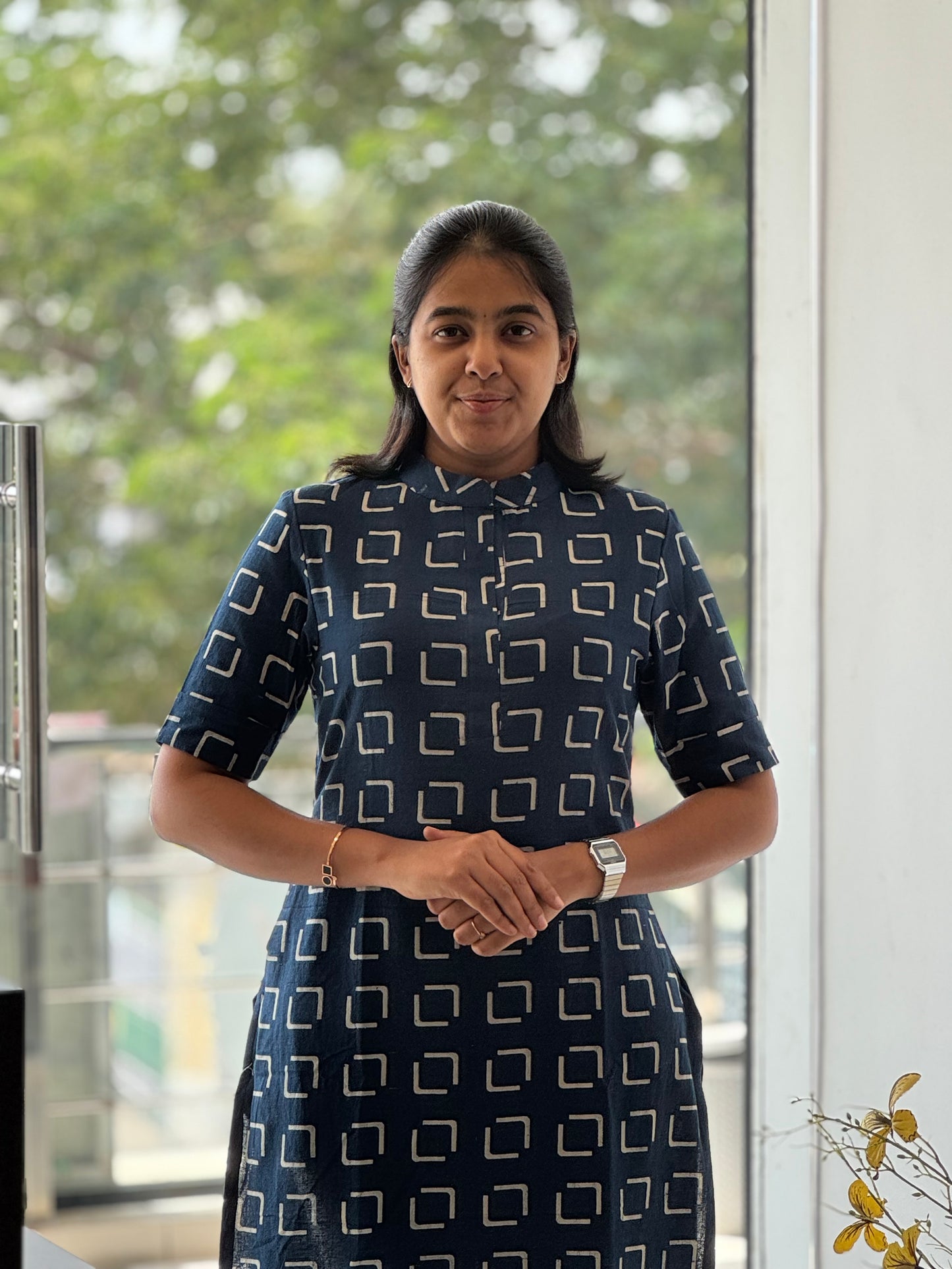 Indigo Handblock Cotton Kurti with Chinese Collar
