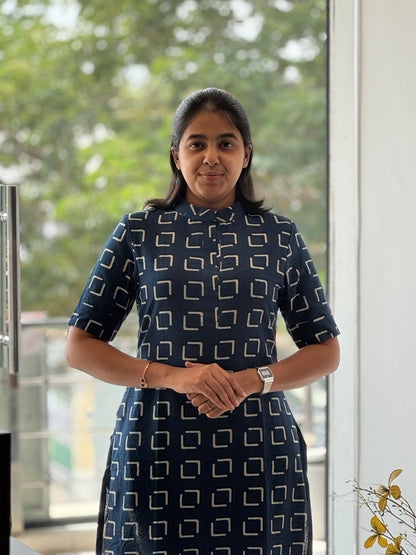 Indigo Handblock Cotton Kurti with Chinese Collar