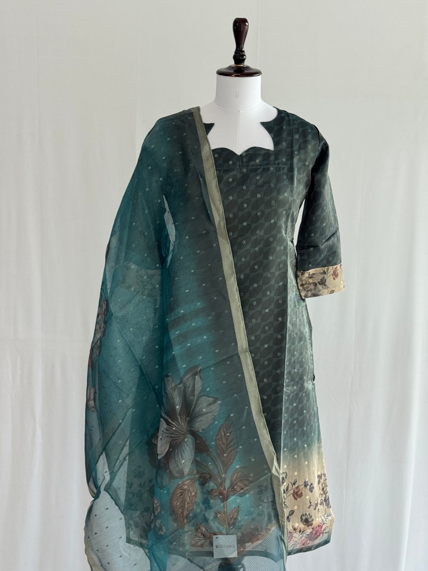 Black Olive with Pearl Border Tissue chanderi 3 Piece Set