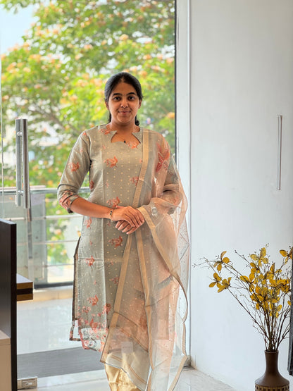 Camouflage Green with Golden Butta Tissue Chanderi 3 Piece Set