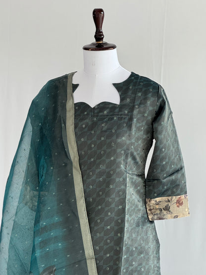 Black Olive with Pearl Border Tissue chanderi 3 Piece Set