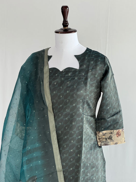 Black Olive with Pearl Border Tissue chanderi 3 Piece Set