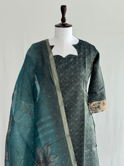 Black Olive with Pearl Border Tissue chanderi 3 Piece Set