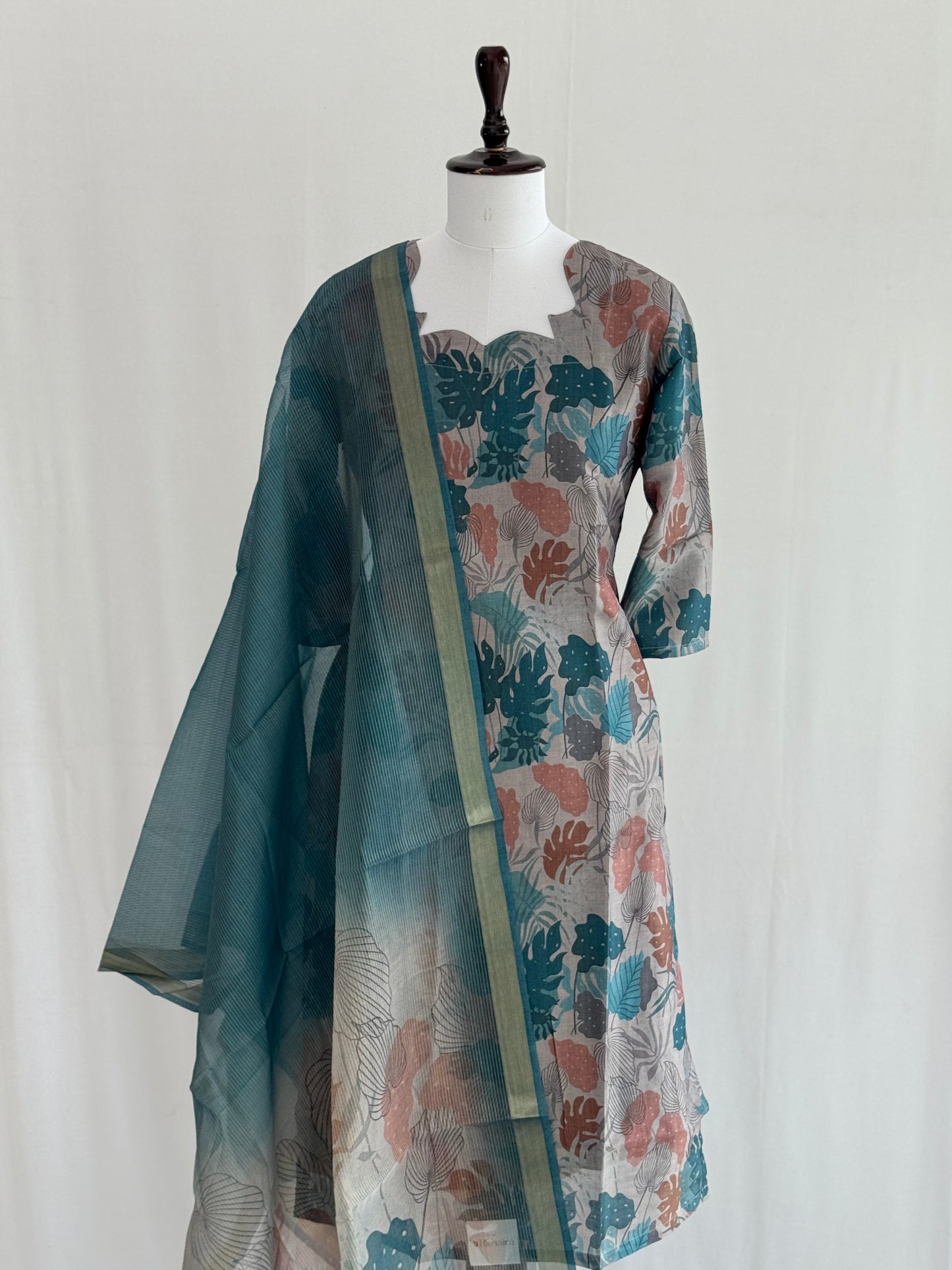 Cadet Blue Floral Soft Tissue Chanderi 3 Piece Set