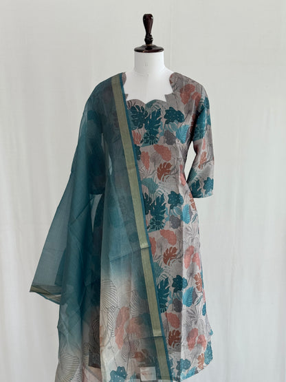 Cadet Blue Floral Soft Tissue Chanderi 3 Piece Set