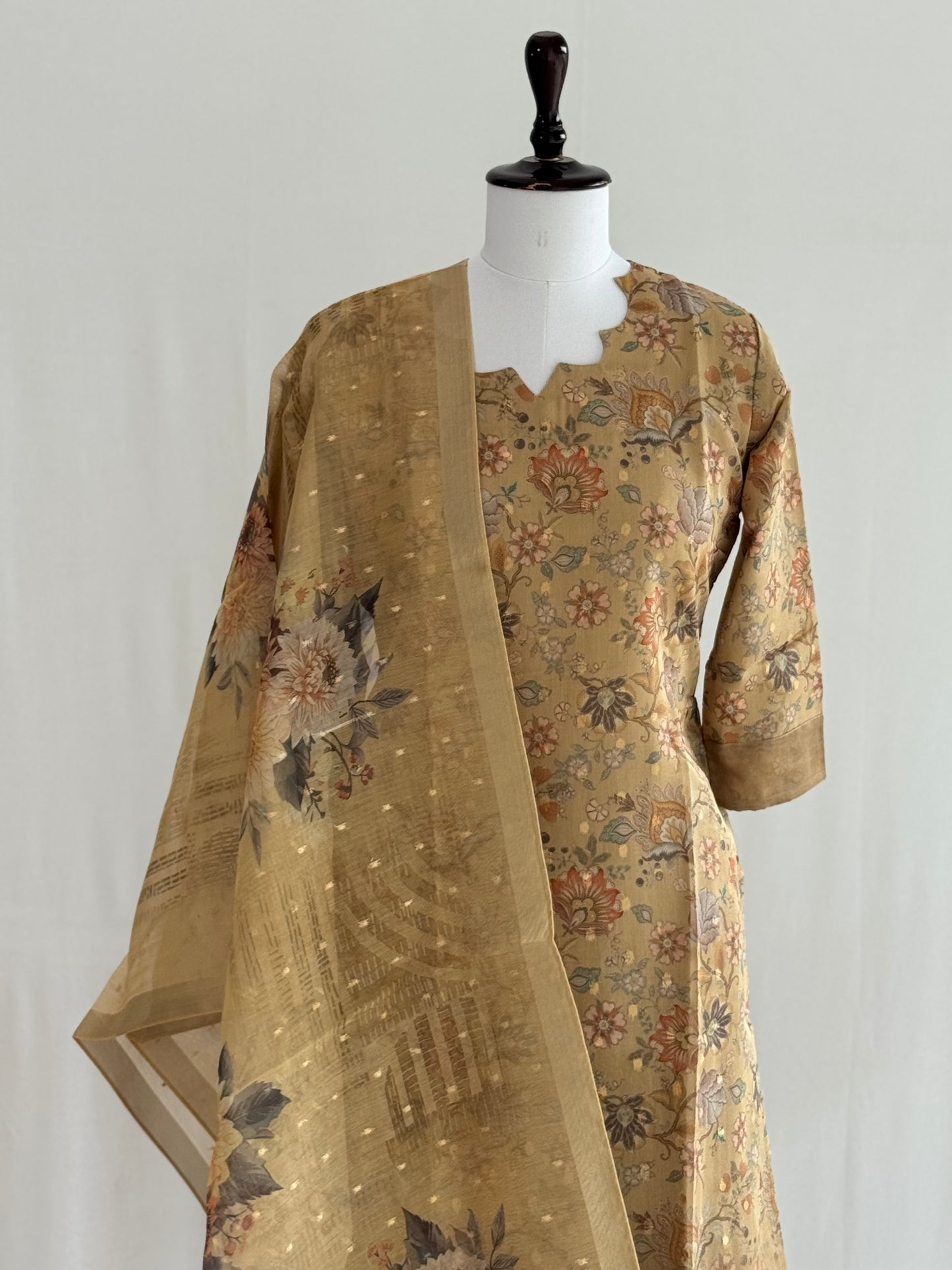 Pale Brown Floral Tissue Chanderi 3 Piece Set