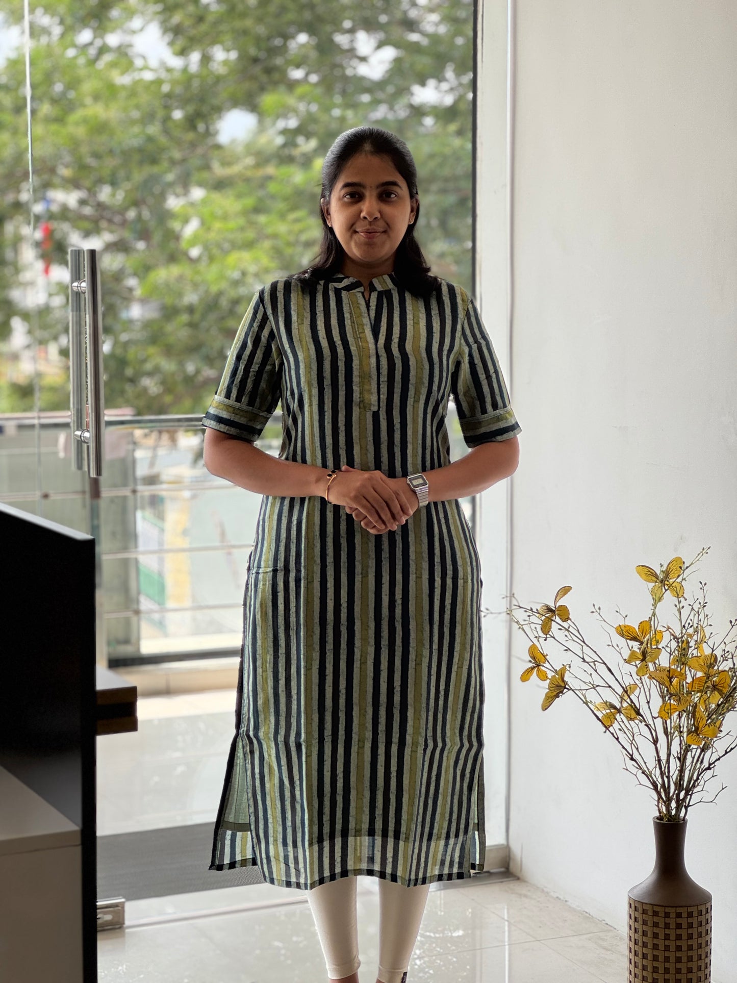 Striped Chanderi Cotton Kurti with Chinese Collar