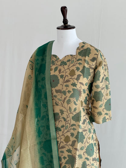 Teal Green with Beige Soft Tissue Chanderi 3 Piece Set