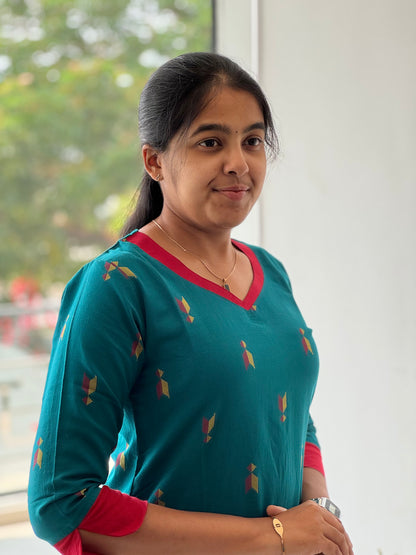 Dark Peacock Teal Handloom Cotton 3 Piece Set