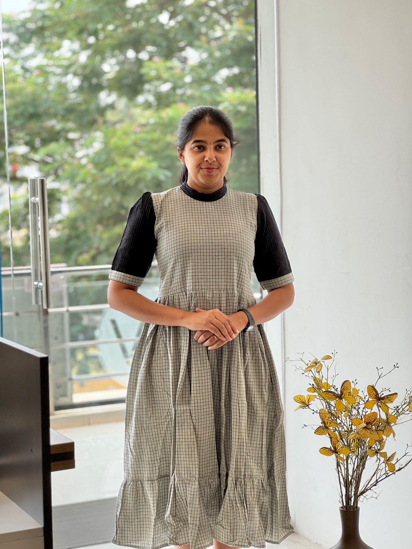 Checked Cotton Gray Two-Tier Maxi