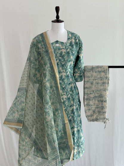 Blue Floral Soft Tissue Chanderi 3 Piece Set