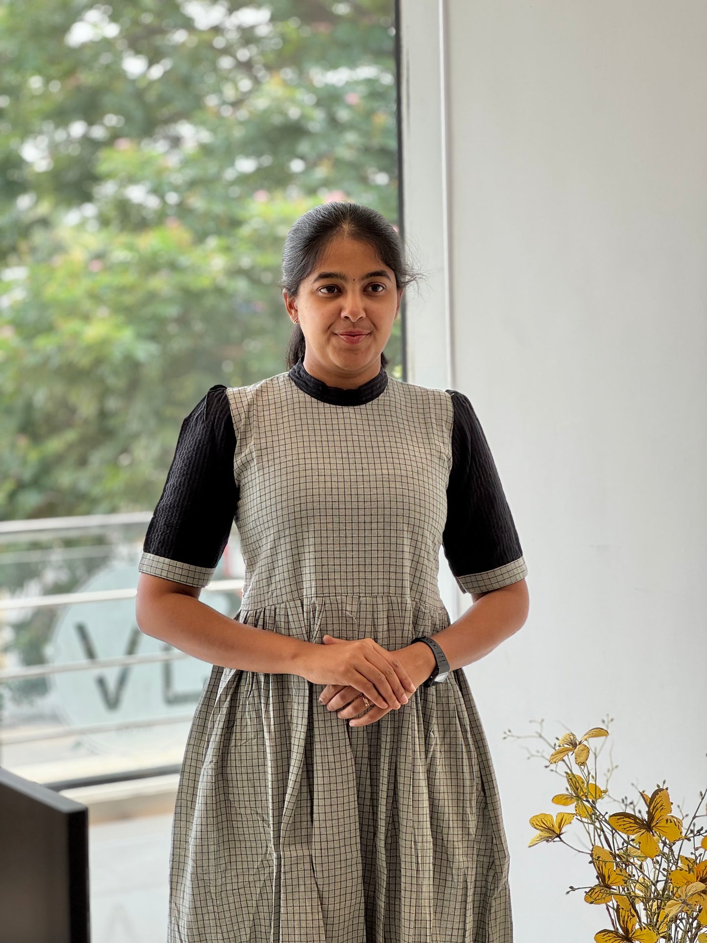 Checked Cotton Gray Two-Tier Maxi