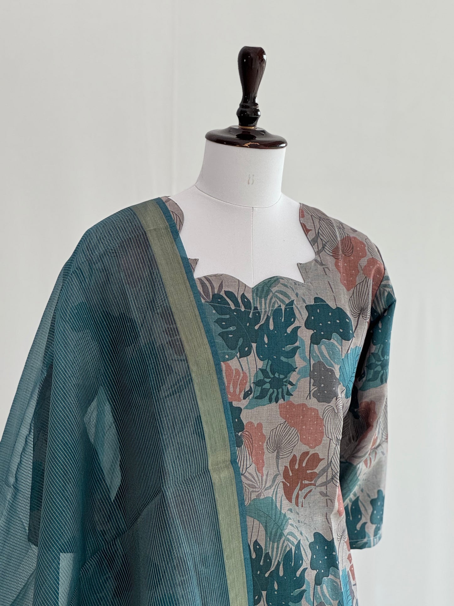 Cadet Blue Floral Soft Tissue Chanderi 3 Piece Set