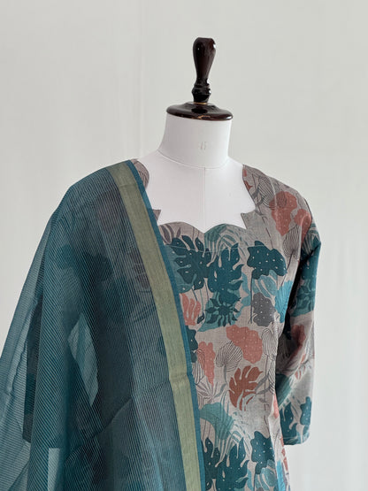 Cadet Blue Floral Soft Tissue Chanderi 3 Piece Set