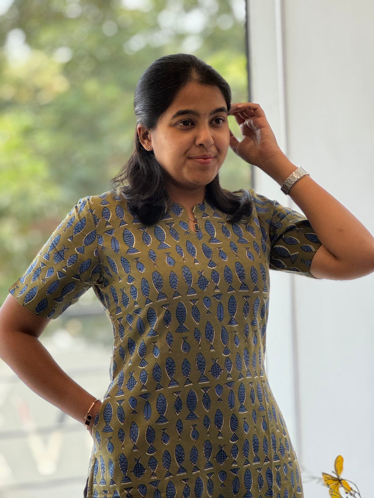 Muted Olive Green Handblock Cotton Kurti
