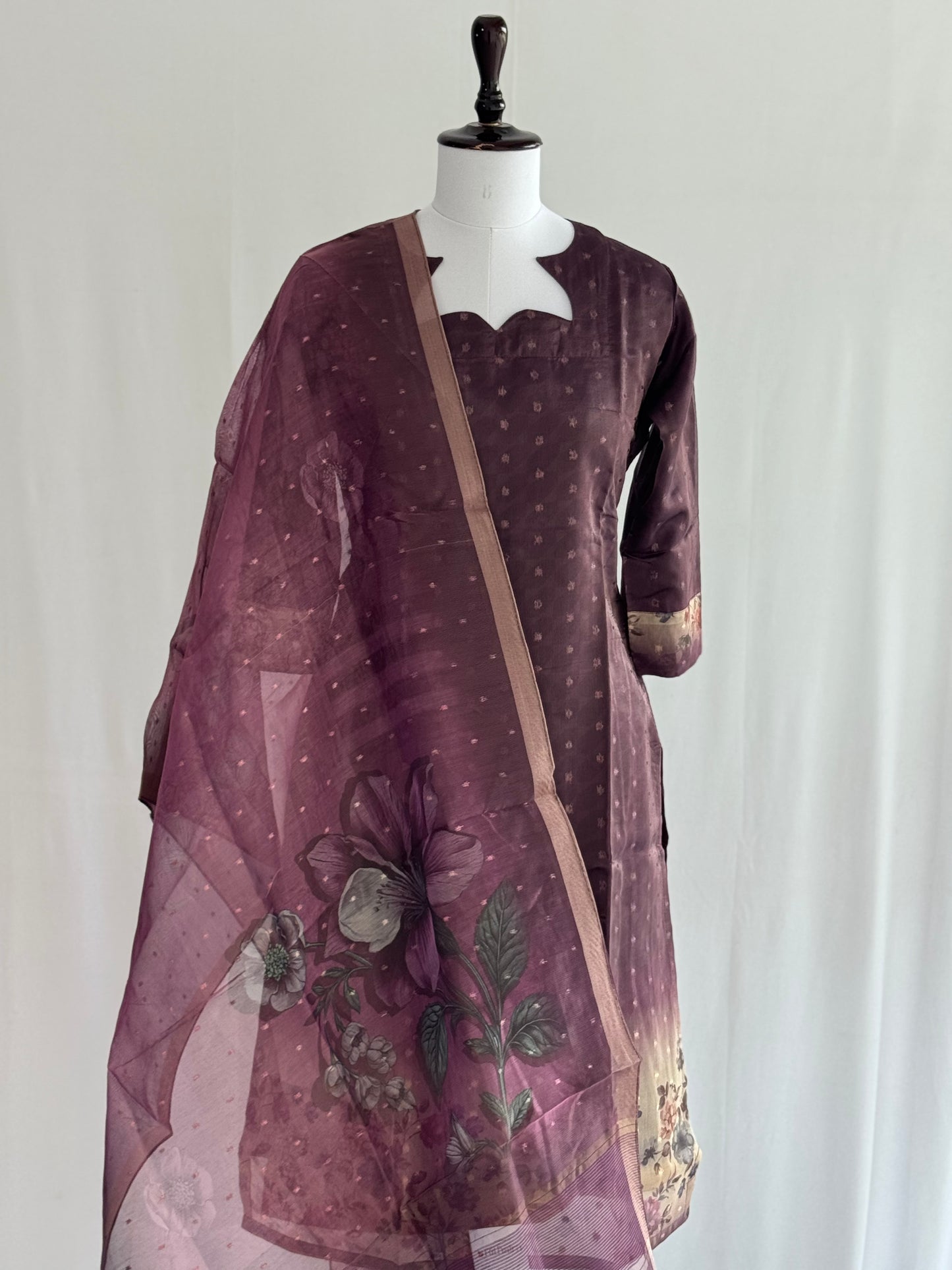 Old Burgundy with Pearl Border Tissue chanderi 3 Piece Set