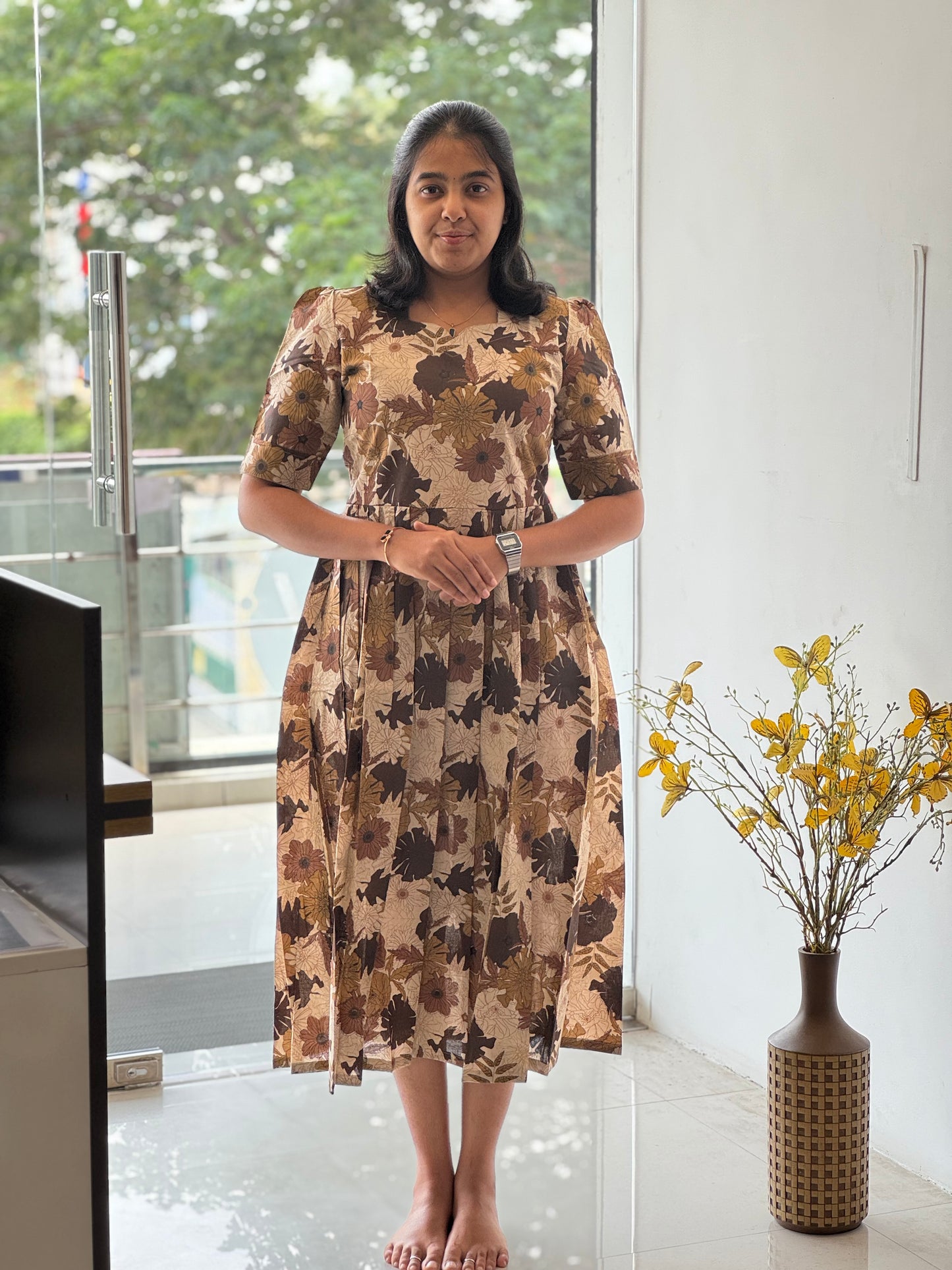 Leaf Printed Cotton Maxi with Yoke Lining