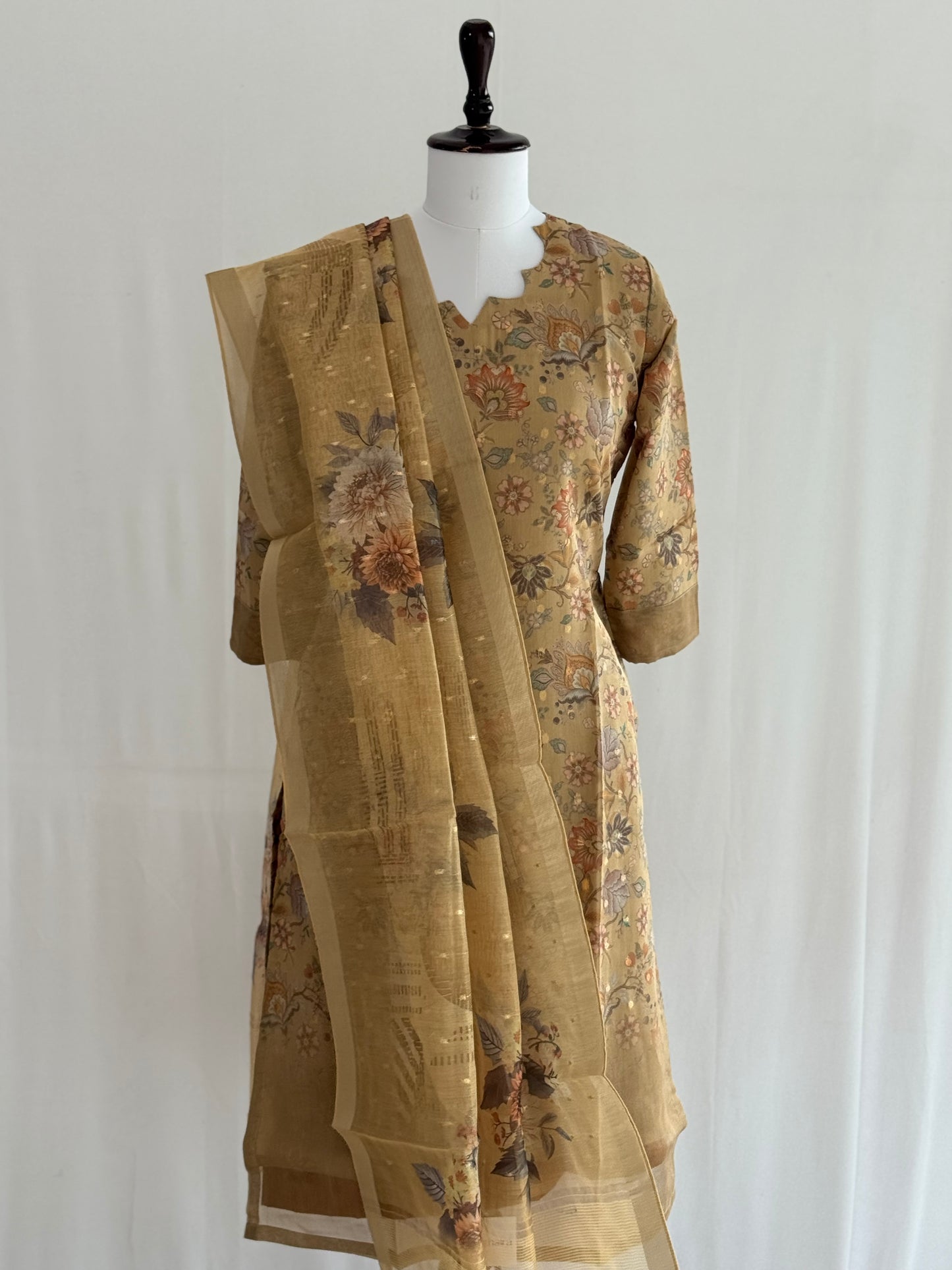 Pale Brown Floral Tissue Chanderi 3 Piece Set