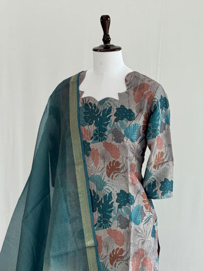 Cadet Blue Floral Soft Tissue Chanderi 3 Piece Set