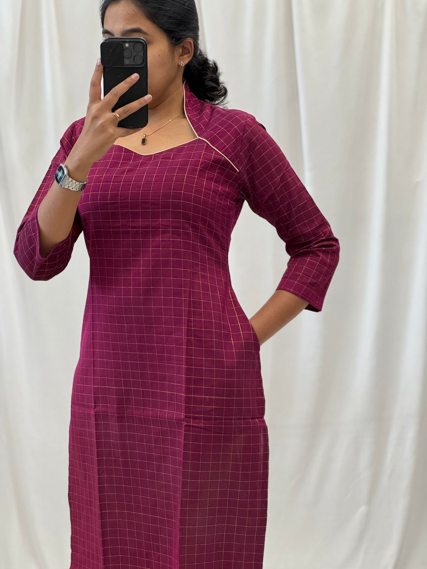 Checked Zari Raw Silk Straight Kurti