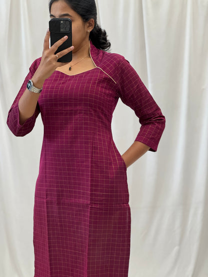 Checked Zari Raw Silk Straight Kurti