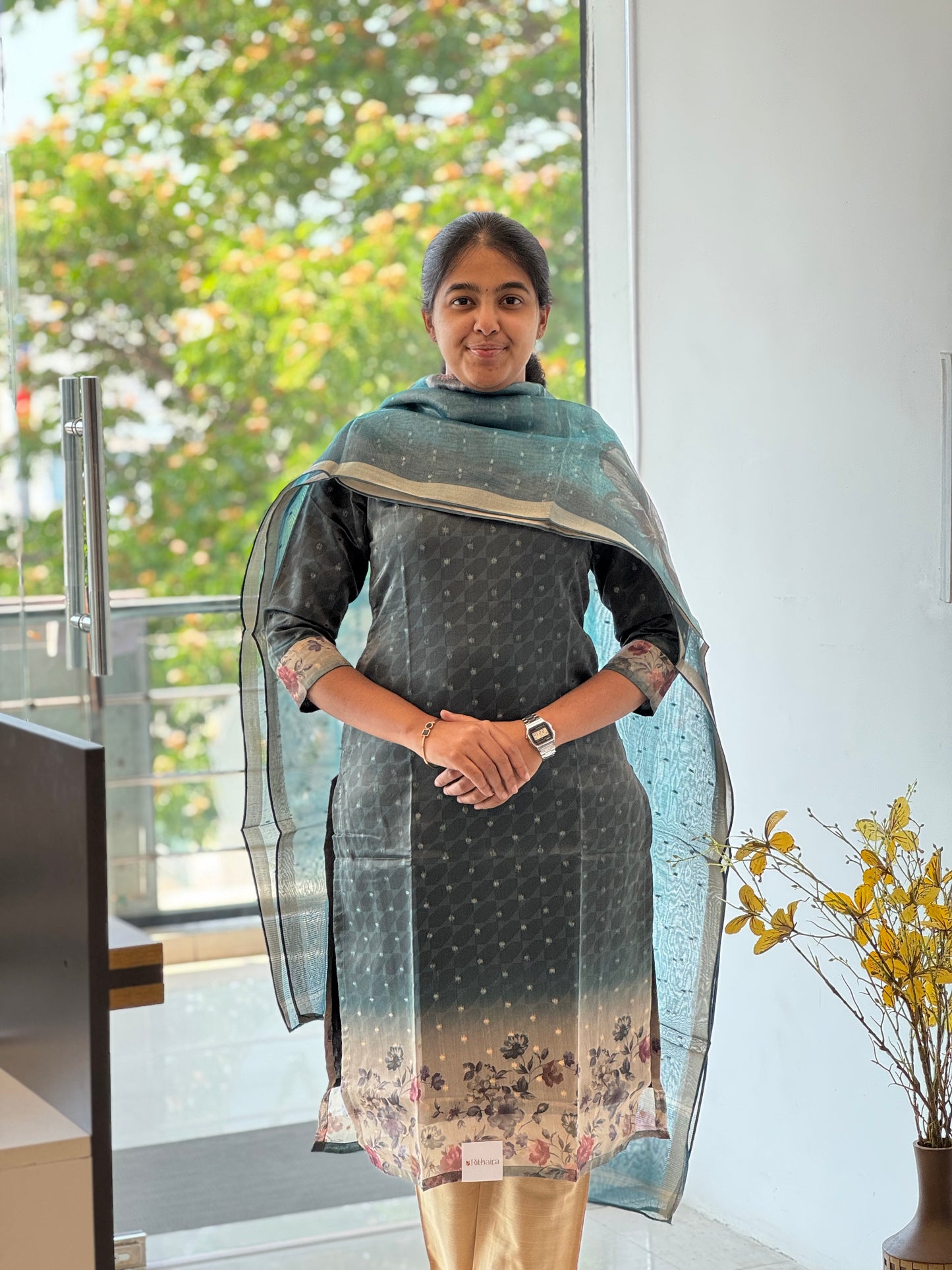 Black Olive with Pearl Border Tissue chanderi 3 Piece Set