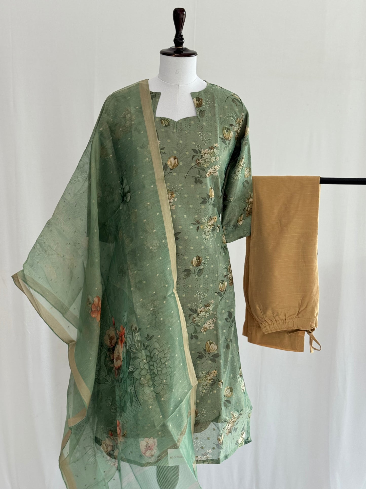 Shadow GreenTissue Chanderi 3 Piece Set