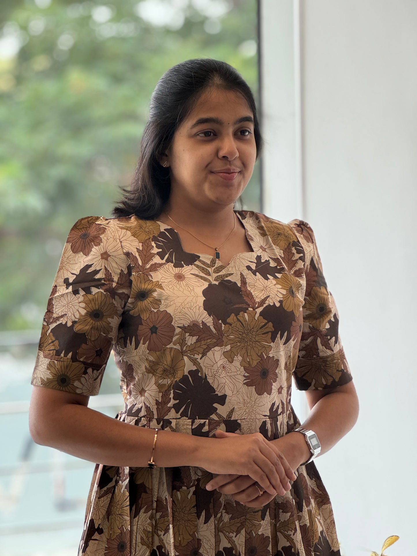 Leaf Printed Cotton Maxi with Yoke Lining