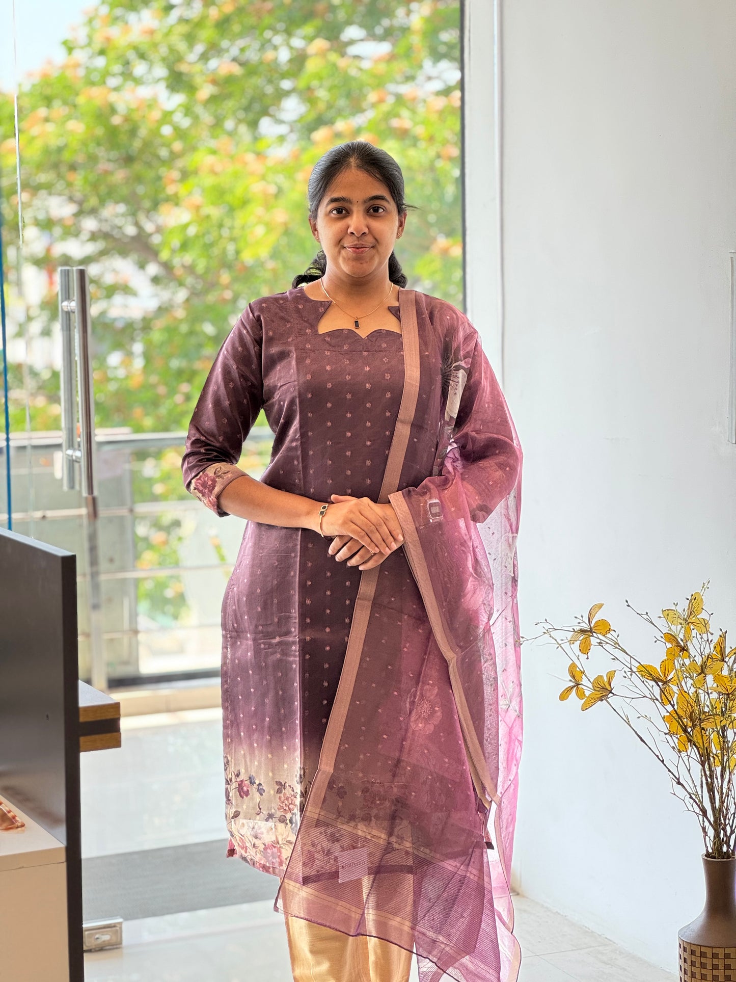 Old Burgundy with Pearl Border Tissue chanderi 3 Piece Set
