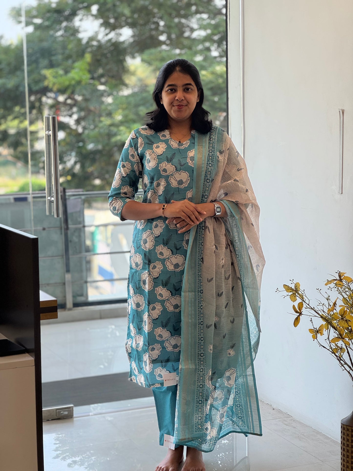 Muted Teal Blue Lilen Cotton 3 Piece Set