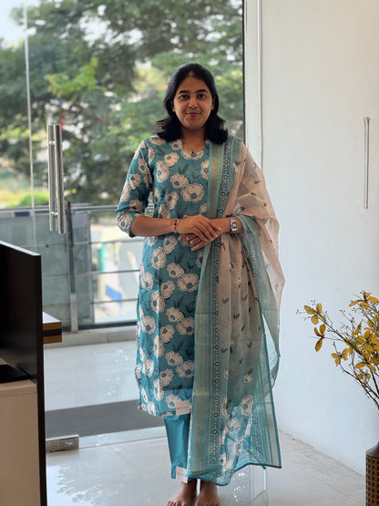 Muted Teal Blue Lilen Cotton 3 Piece Set