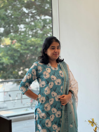 Muted Teal Blue Lilen Cotton 3 Piece Set
