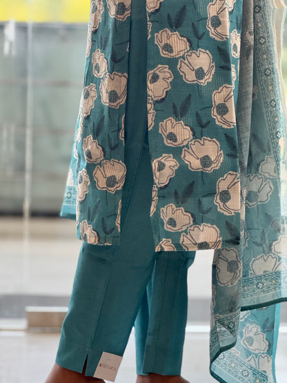 Muted Teal Blue Lilen Cotton 3 Piece Set
