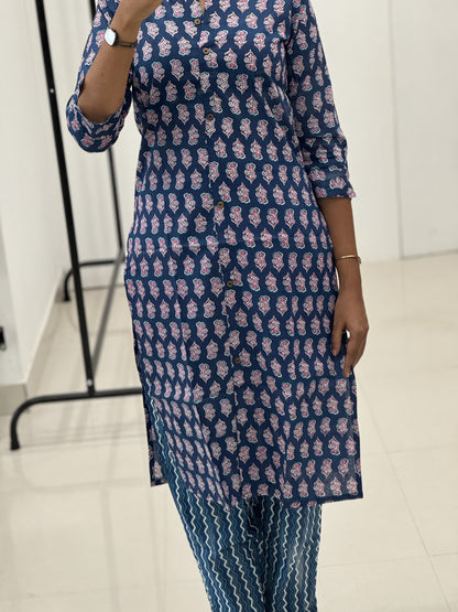 Co-ord sets - Leaf printed Cotton Kurti, With curved lines pant