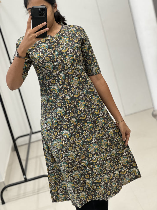 Kalamkari Printed Cotton A Line Kurti Black