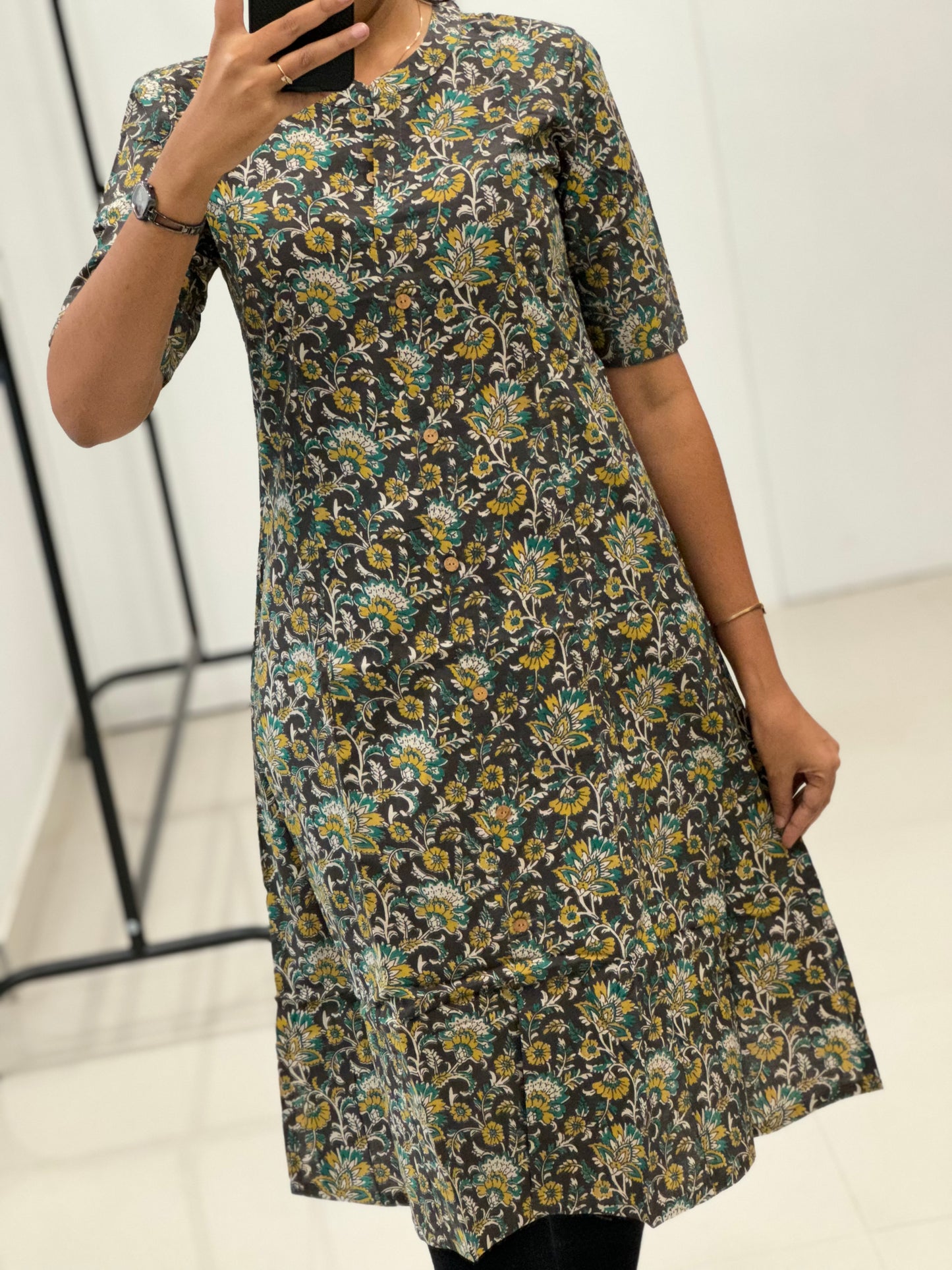 Kalamkari Printed Cotton A Line Kurti Black