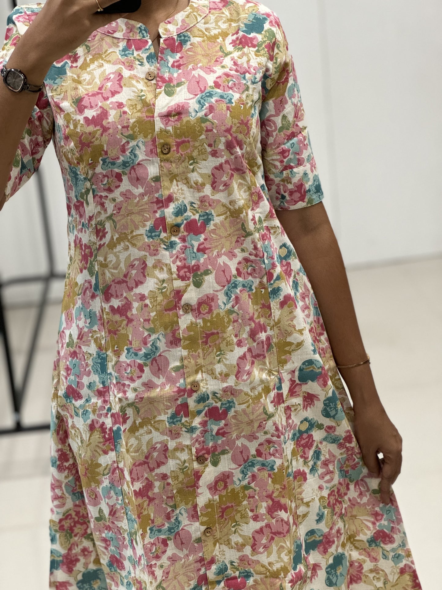 Floral Handpaint Printed Kadhi Cotton A-Line Kurti