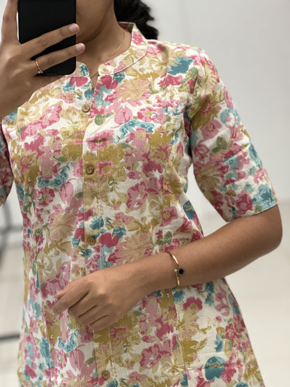 Floral Handpaint Printed Kadhi Cotton A-Line Kurti