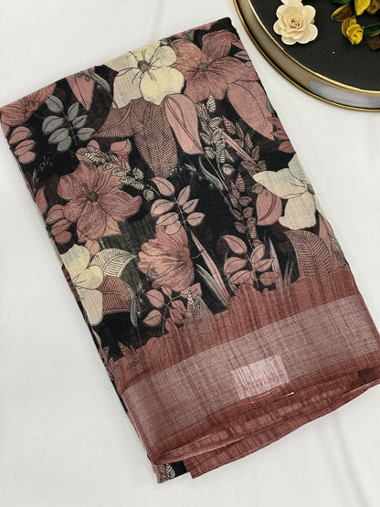 Flower printed Lilen Cotton Saree