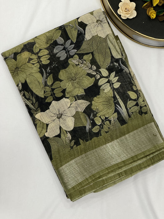 Flower printed Lilen Cotton Saree